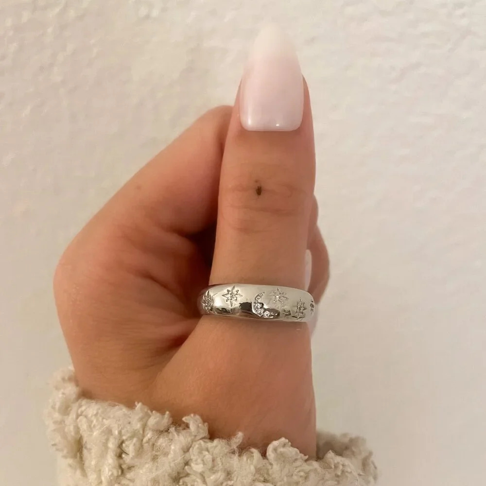925 Sterling Silver Moon & Star Ring Silver Ring Band Celestial Ring Moon Ring - Picture 5 of 7